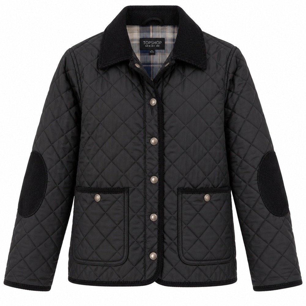 Topshop Womens Black Quilted Barn Jacket Corduroy Collar Elbow Patches Size 4
